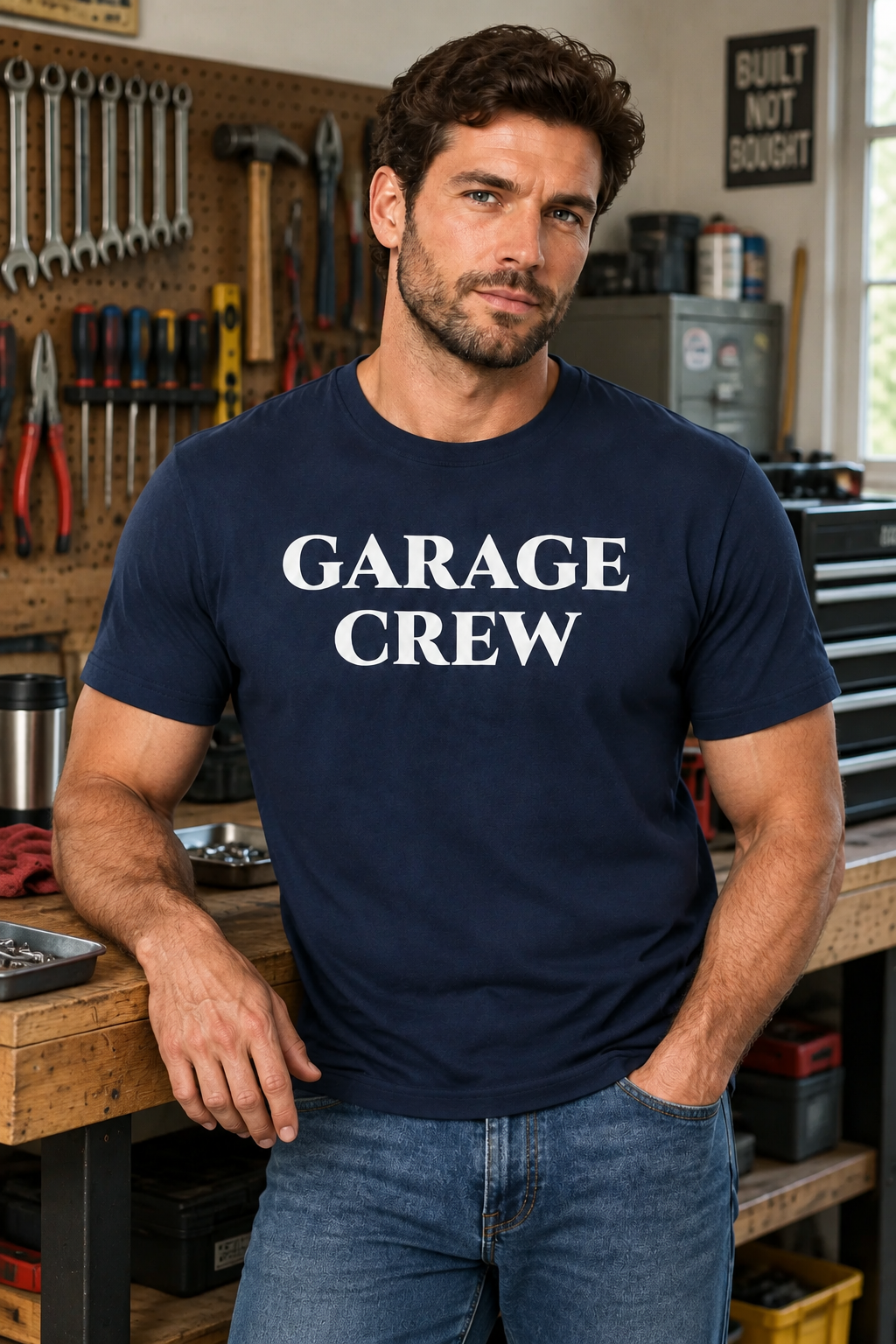 Navy blue heavyweight cotton t-shirt featuring the bold white text graphic print Garage Crew fueled by beer in a classic relaxed fit