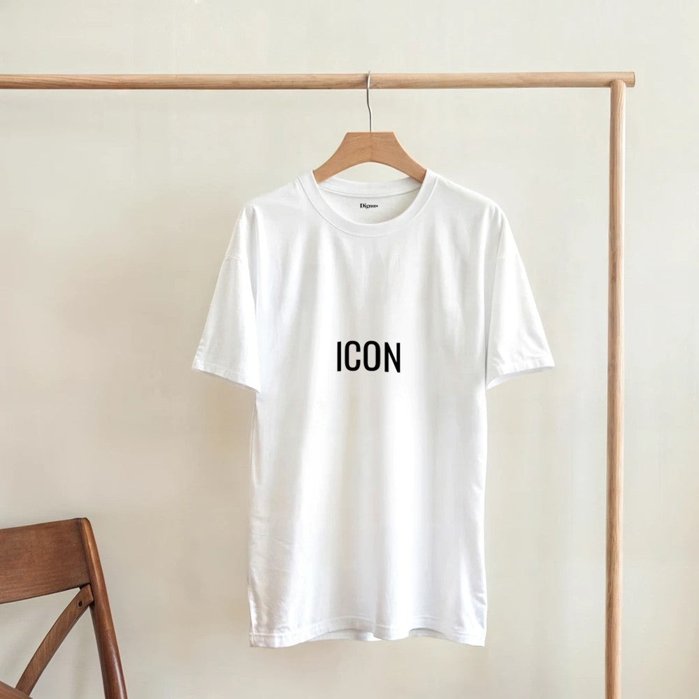 Angled view of the ICON quote shirt highlighting the crisp graphic print quality