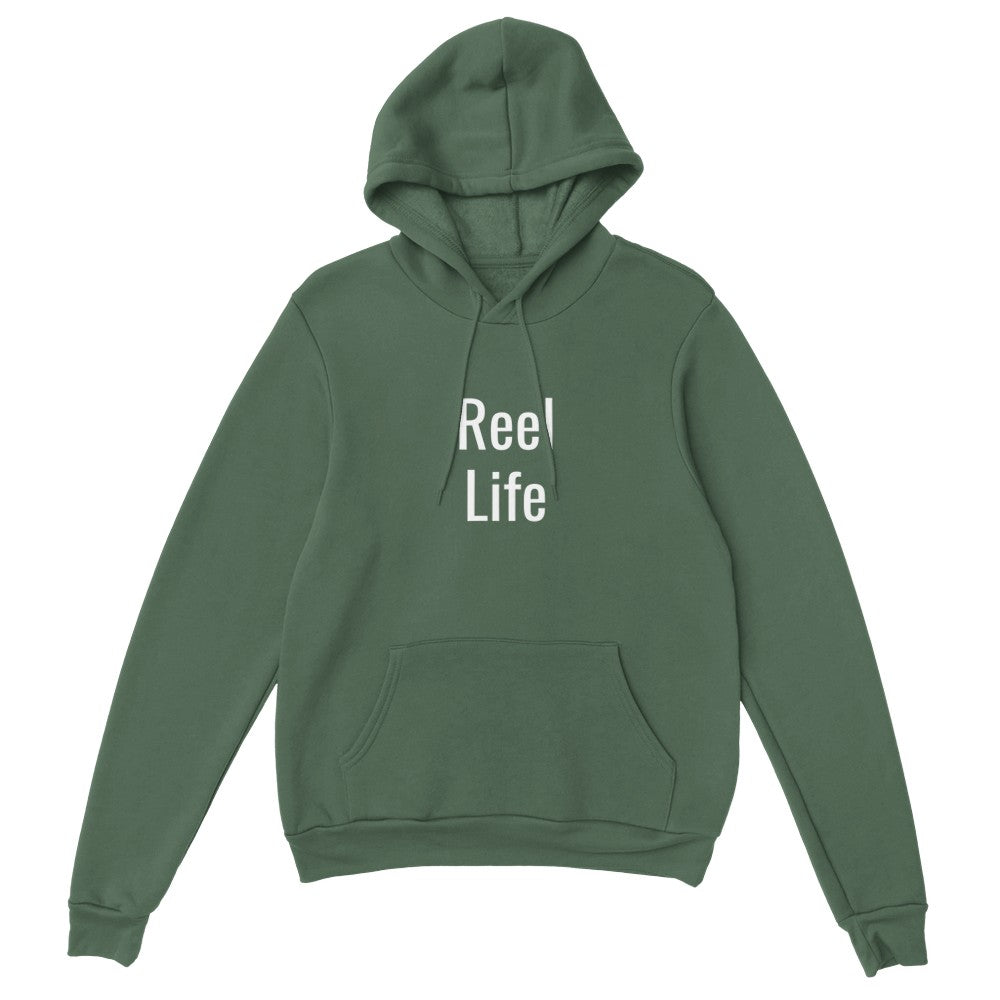 Close up details of Reel Life Military Green pullover showing the double lined hood and matching drawstring