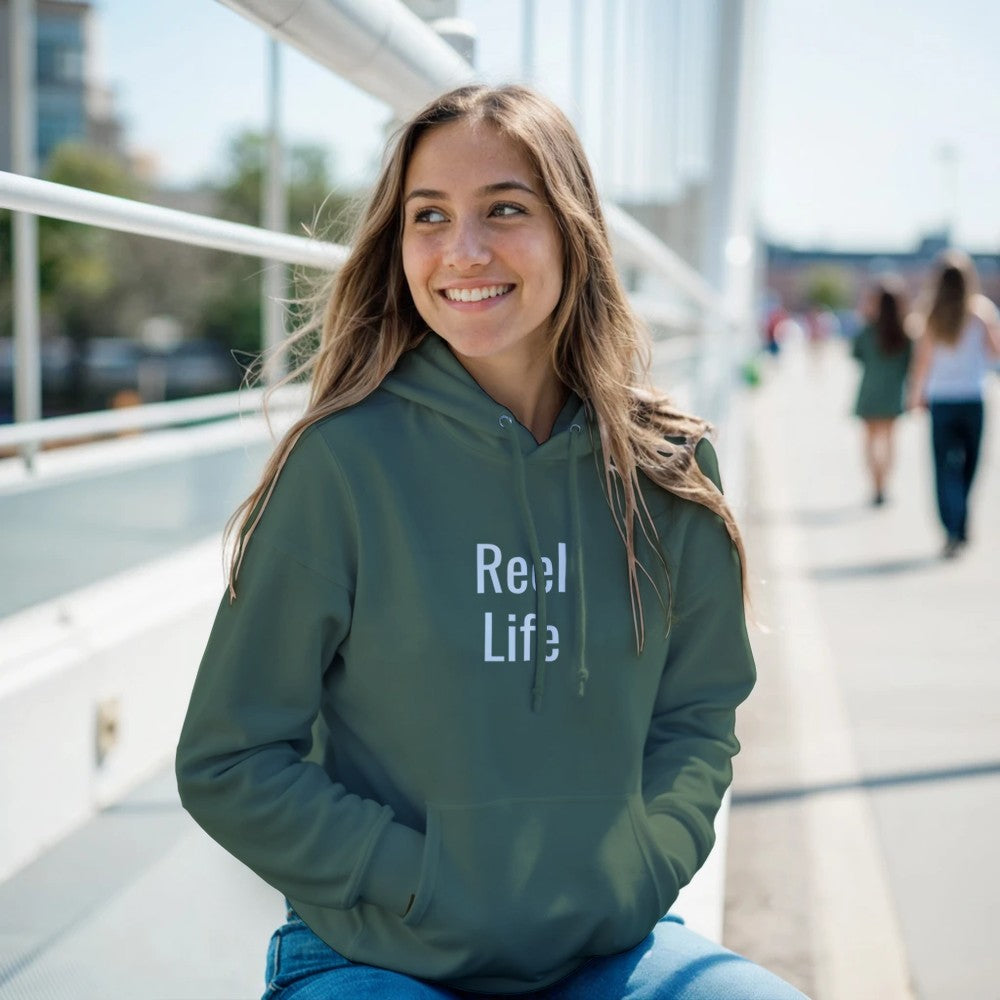 Reel Life premium heavy blend hoodie in Military Green front view showcasing clean design from Dignus streetwear