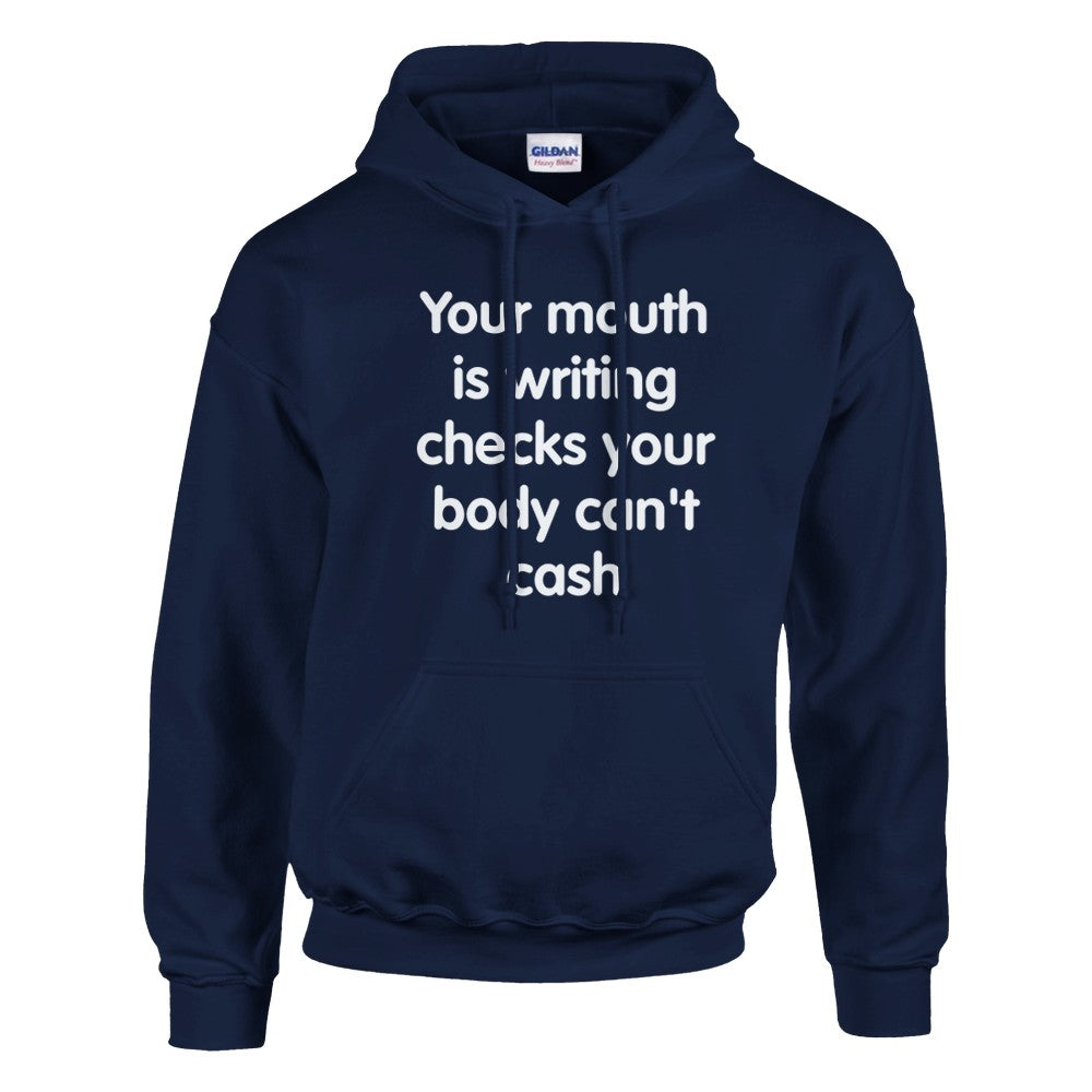 Navy blue soft cotton polyester blend unisex hoodie with bold text layout