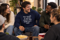 Navy blue soft cotton polyester heavy blend pullover hooded sweatshirt featuring the bold white quote text graphic print Your mouth is writing checks