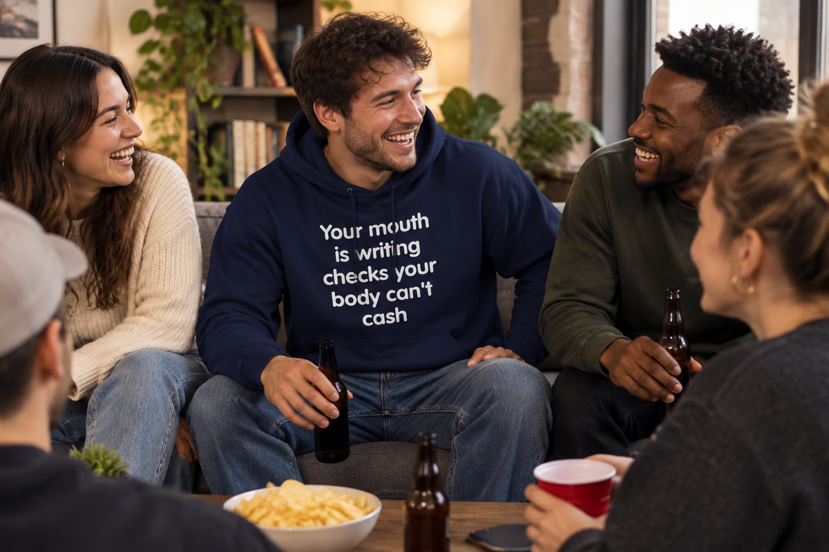 Navy blue soft cotton polyester heavy blend pullover hooded sweatshirt featuring the bold white quote text graphic print Your mouth is writing checks