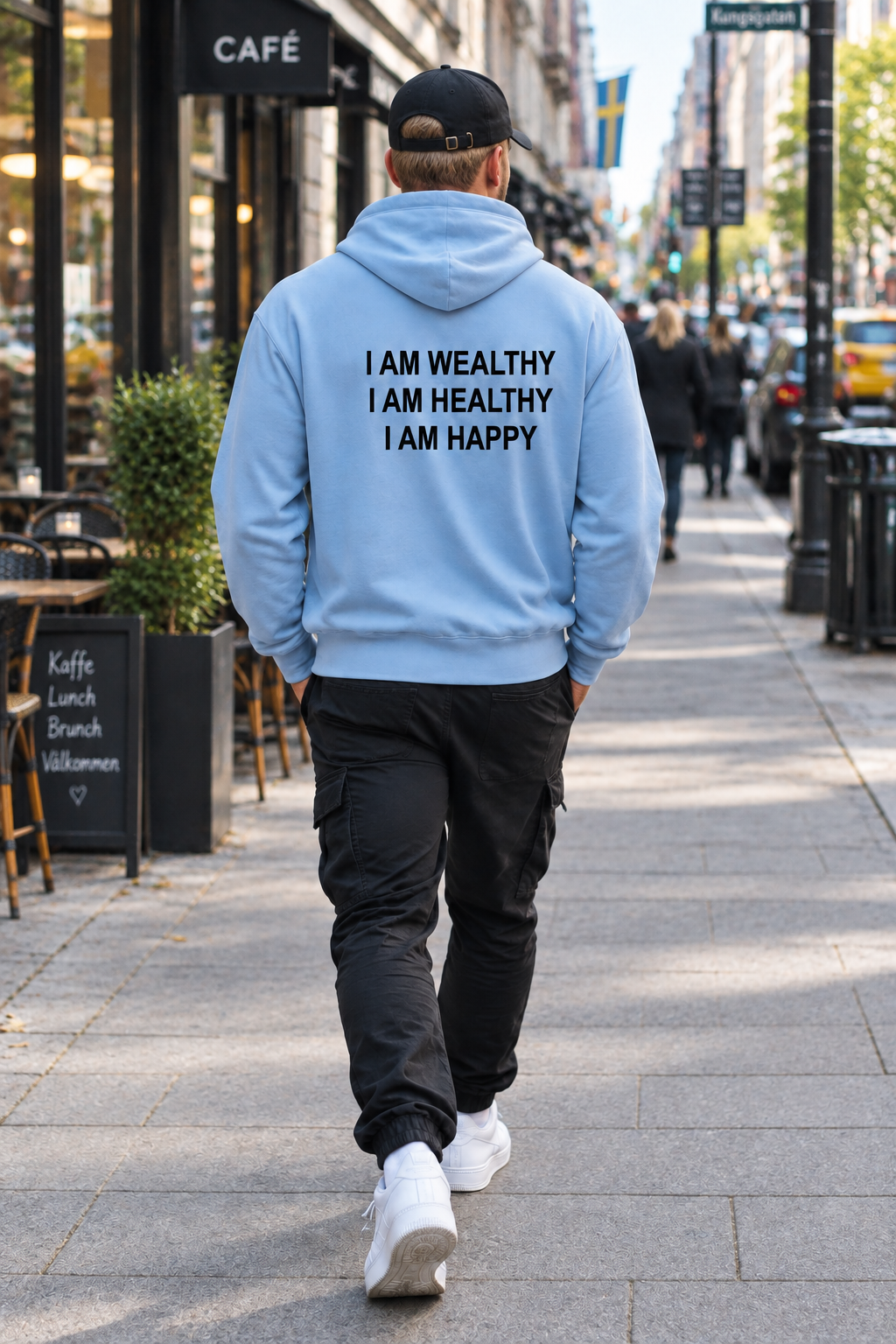 Back view of I am Wealthy printed pullover hoodie showing clean minimalist graphic design layout