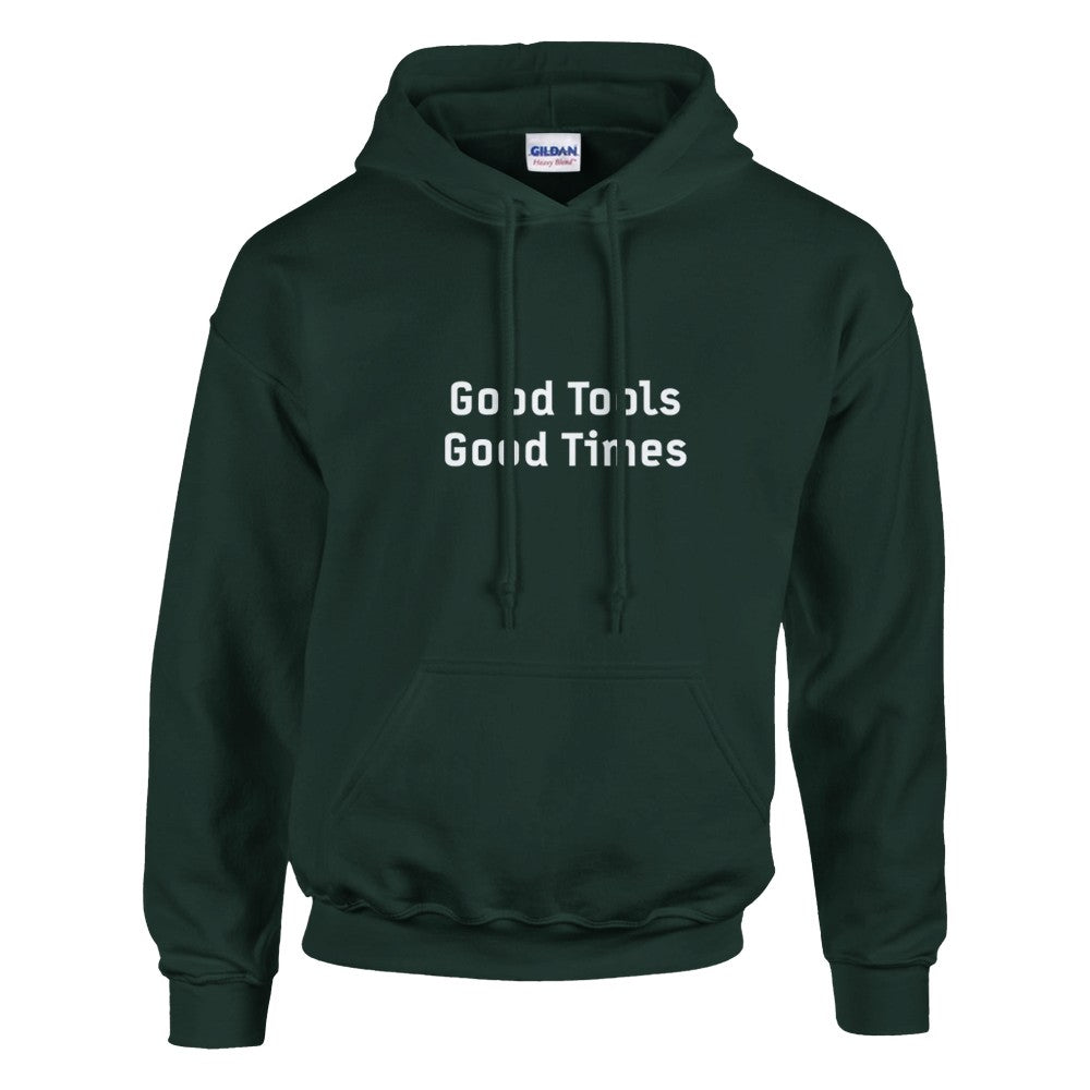 Detailed view of the front kangaroo pouch pocket and flexible rib knit cuffs on the Good Tools Good Times sweatshirt