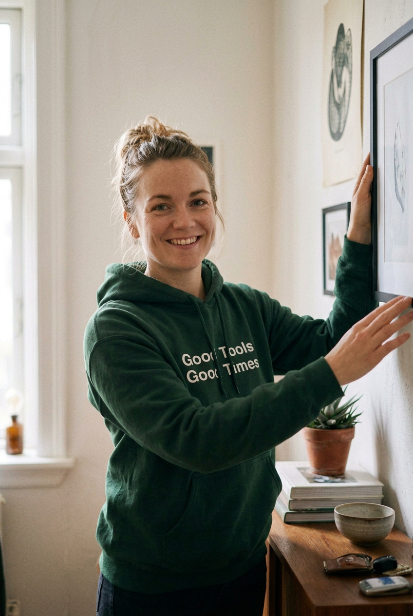 Forest Green premium heavy blend hoodie with minimalist Good Tools Good Times slogan graphic print