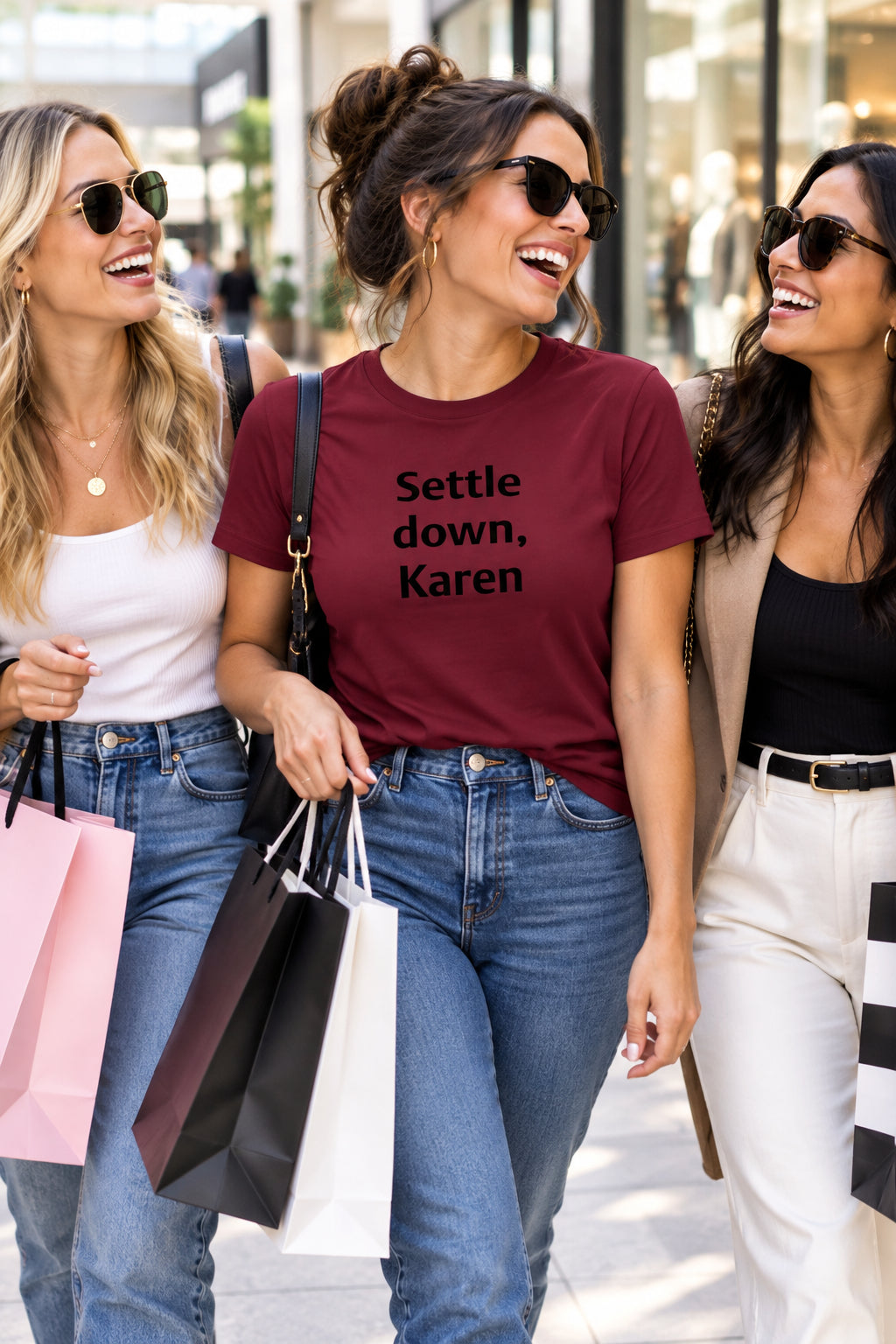 Garnet red funny slogan t-shirt featuring the white text graphic print Settle Down Karen in a heavyweight cotton classic fit
