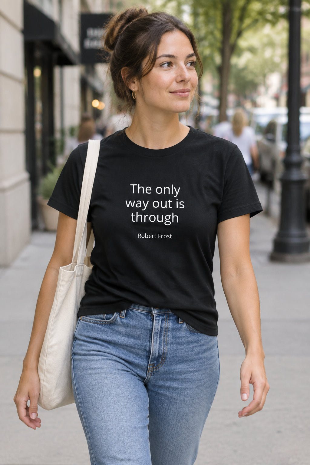Black graphic crewneck tee featuring white text print The Only Way Out