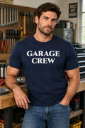 Navy blue heavyweight cotton t-shirt featuring the bold white text graphic print Garage Crew fueled by beer in a classic relaxed fit