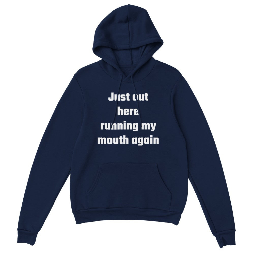  Navy blue soft cotton polyester heavy blend pullover hooded sweatshirt with white text slogan