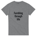 Flat lay presentation of a premium heavyweight graphic crewneck tee with slogan text print