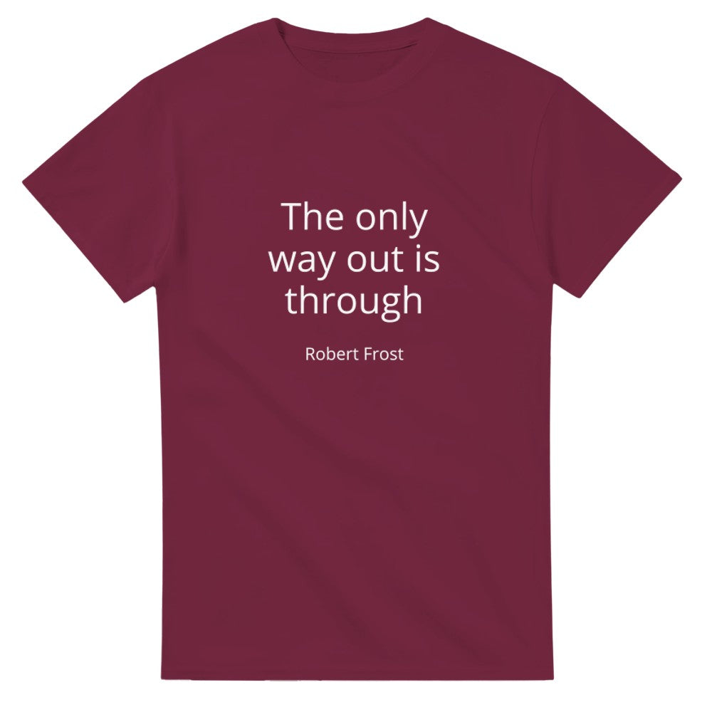 Maroon red heavyweight slogan t-shirt with text graphic The Only Way Out