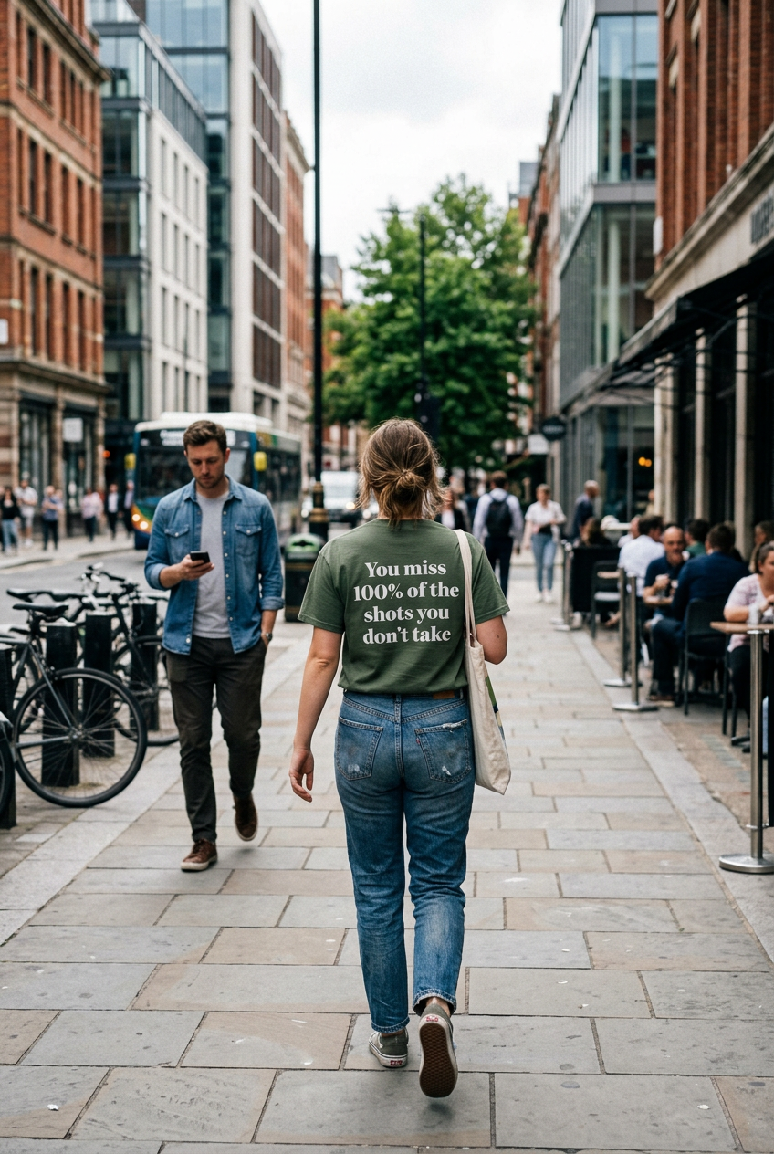 Military Green variant of the classic fit You miss 100 of the shots graphic tee layout