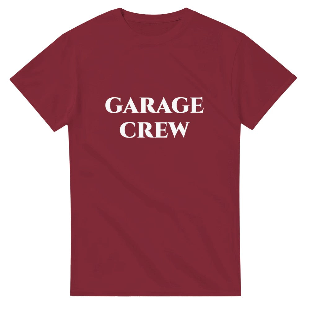 Garnet red funny garage crew graphic t-shirt crafted from premium heavy cotton
