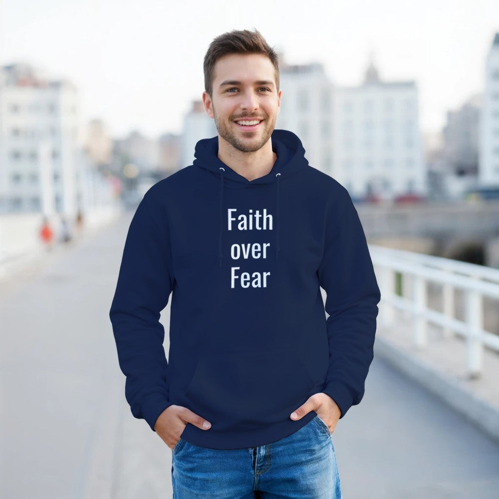 Navy blue soft cotton polyester pullover hooded sweatshirt with text graphic