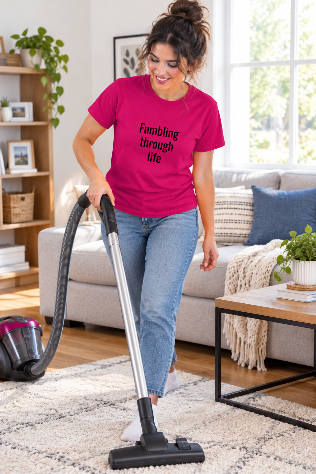 Front view showcase of Fumbling Through Life printed t-shirt with clean minimalist typography layout