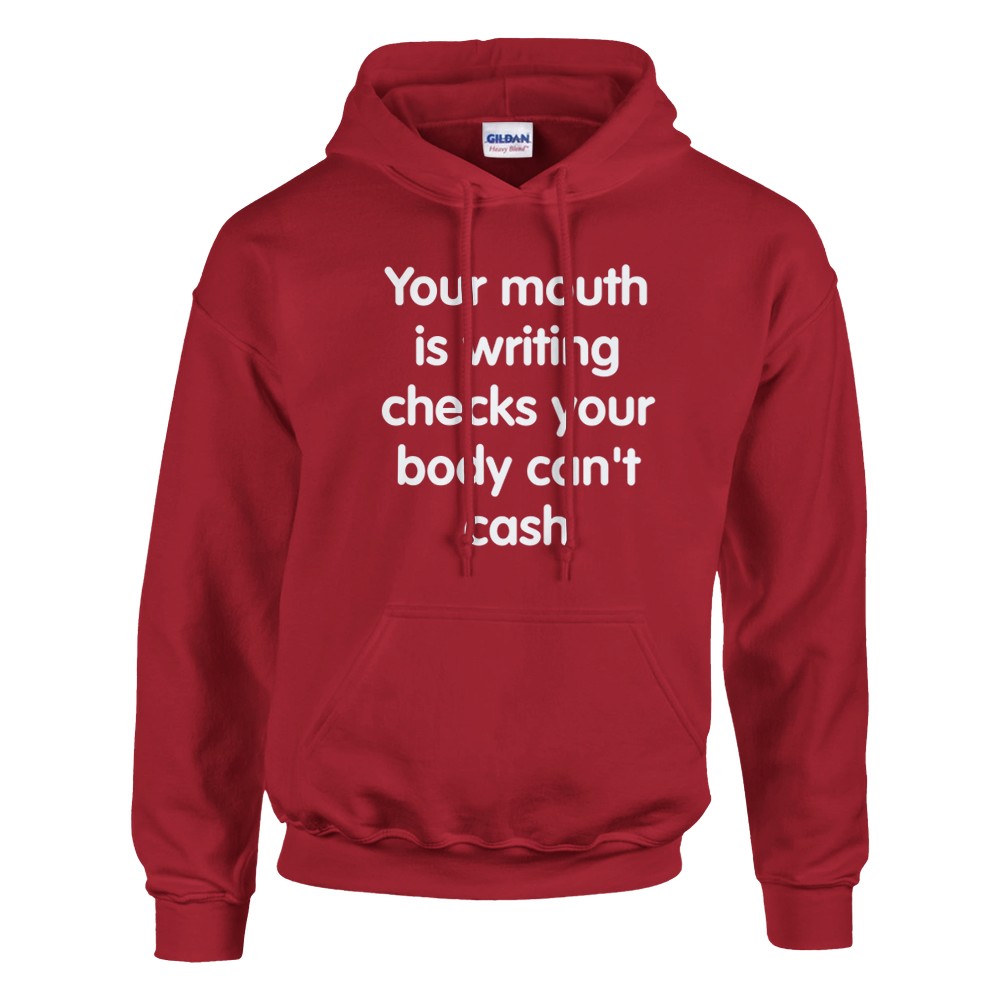 Cherry Red custom printed graphic hoodie featuring sharp white typography slogan design