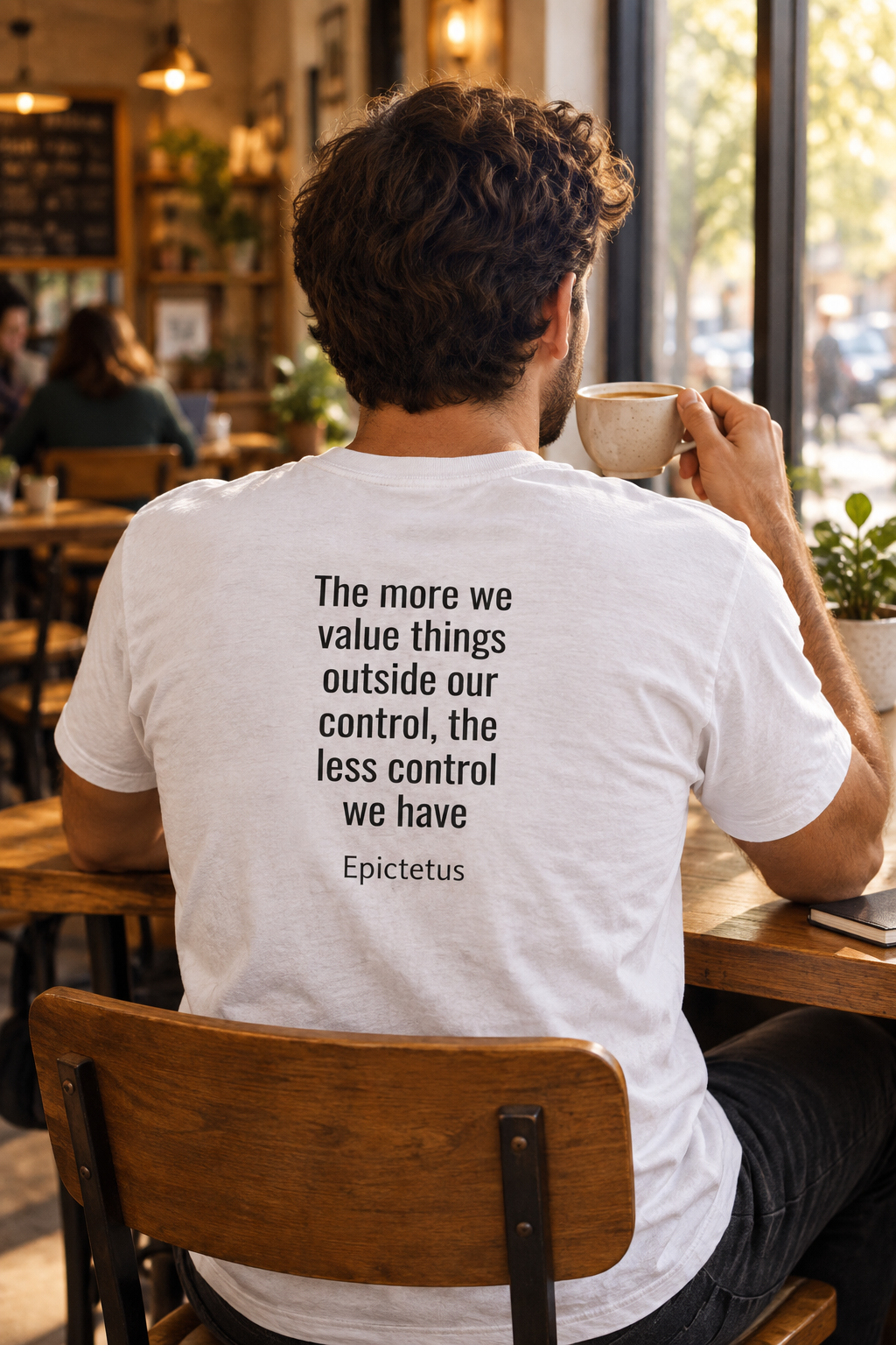 Front view showcase of the minimalist graphic quote tee featuring clear white typography text print